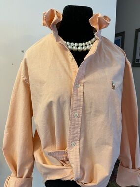 Upcycled Polo by Ralph Lauren Peach Cotton Button-Down Shirt with Ruffled Collar
